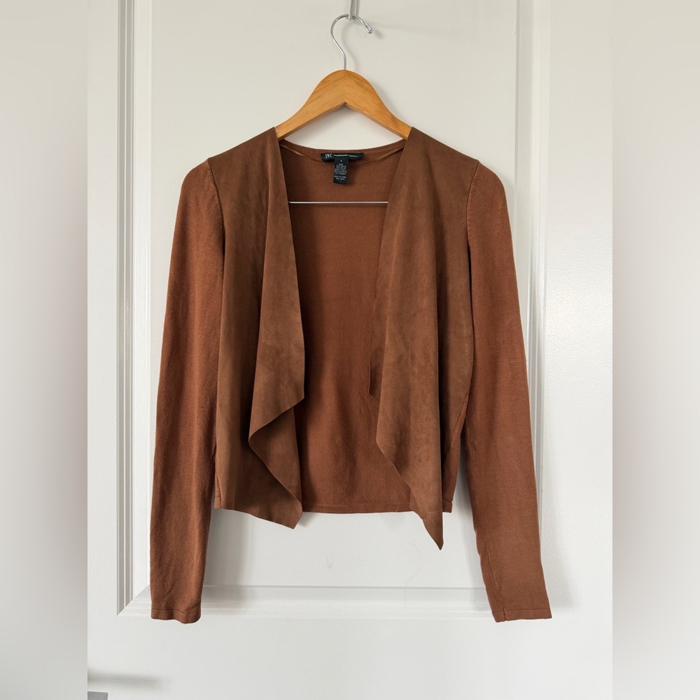 Suede-Trim Brown Draped Open Front Blazer